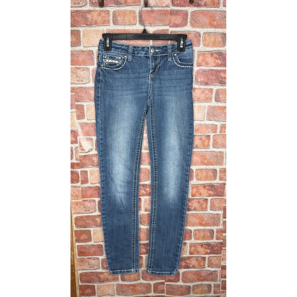 Y2K Soundgirl Low SkinnyJeans Womens 26 MediumWash Rhinestone Cross Embroidered